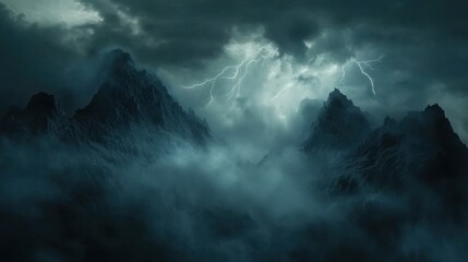 Obraz premium Dramatic lightning storm over misty mountains.