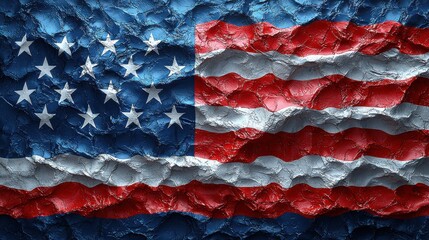 Crumpled American flag with textured surface in bold colors and distinct stars and stripes design