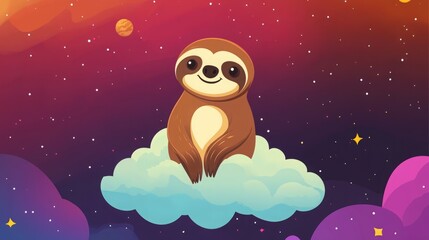Adorable sloth relaxing on a cloud in a vibrant cosmos.