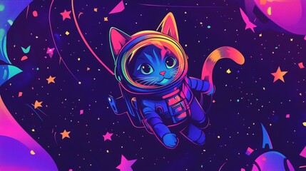 Cute cat astronaut floats in vibrant space. Neon colors, stars, and cosmic swirls.