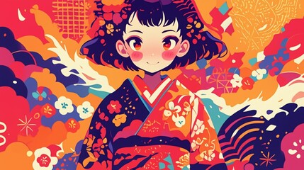 深紅の着物を着た女の子のイラスト15