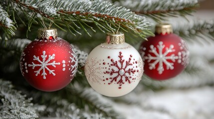Fototapeta premium Festive Christmas Ornaments on Snow-Covered Pine Branch