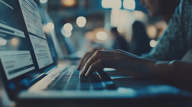 Person Typing on Laptop at Night in Office