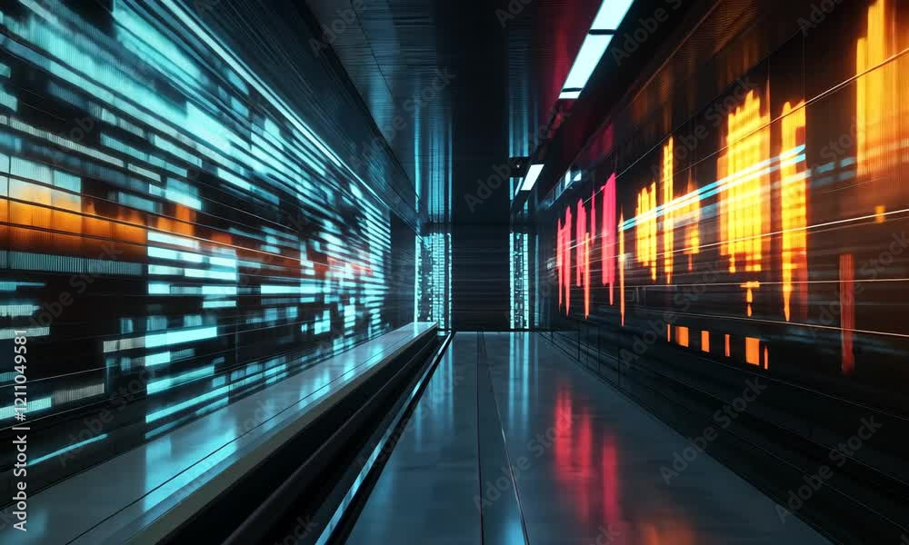 Wall mural futuristic abstract corridor with dynamic light patterns representing data streams in a technologica