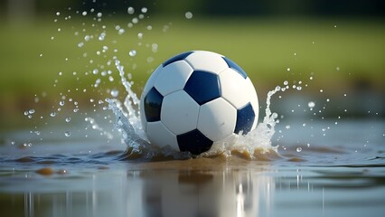Naklejka premium A soccer ball splashing through a puddle with dynamic water trails