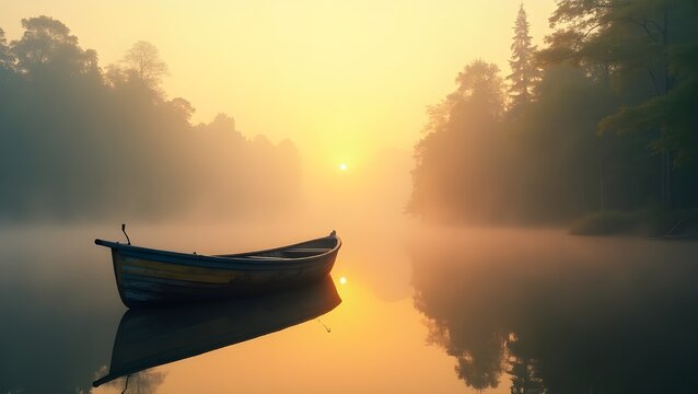 An empty, weathered boat on a still, misty lake at sunrise