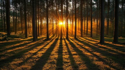 Sunset in a pine forest with sun rays.