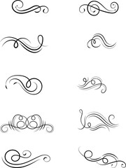 Calligraphic design elements. Dividers, borders and swirls. Set of curls and scrolls for wall decoration, books, cards and tattoos. Swirls Vector Illustration.