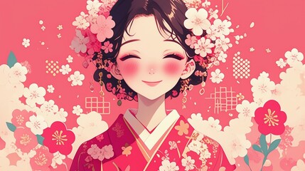 桜色の着物を着た笑顔の女の子のイラスト9