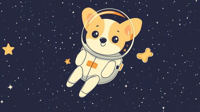 Adorable corgi astronaut floats among the stars.