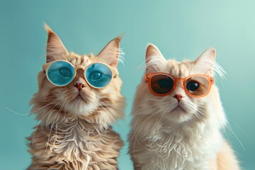 Two fluffy cats wearing stylish sunglasses, posing against a teal background.