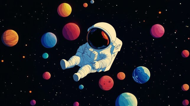 Astronaut floats in space amidst colorful planets.  A vibrant cosmic scene.