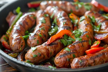 Grilled sausages with fresh herbs and colorful bell peppers served in cast iron skillet, perfect for food photography, menu design, and restaurant marketing materials.