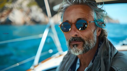 Mature bearded man with silver hair wearing sunglasses enjoying luxury yacht vacation against turquoise ocean background, perfect for travel and lifestyle advertising or retirement planning concepts.
