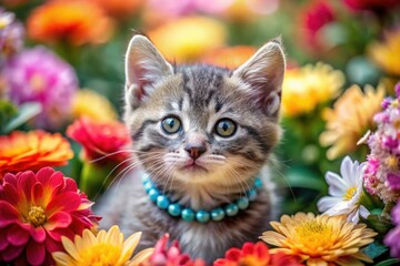 Macro Gray Kitten Flowers Collar Photography - Cute Pet Closeup Image