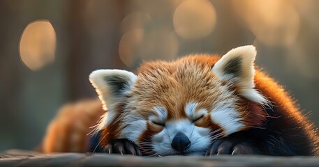Fototapeta premium Sleeping red panda close-up portrait with blurred bokeh background. Adorable wild animal resting with peaceful expression, perfect for nature and wildlife designs.