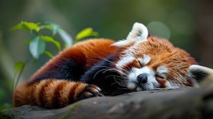 Sleeping red panda curled up on wooden branch in natural habitat. Close-up portrait of adorable wild animal resting peacefully among green foliage. Perfect for wildlife and conservation themes.