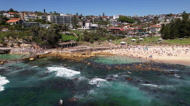 People Swimming In Bronte Baths Ocean Pool, Bronte Beach In Sydney, Australia - Drone Shot