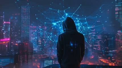 Fototapeta premium Hacker are planning to hack and attack networks and cyber security systems.Smart digital city with connection Innovation network reciprocity over the cityscape