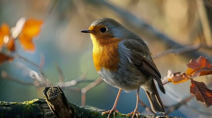 European robin perched on mossy branch in autumn garden setting with soft bokeh background and orange fall leaves, perfect for seasonal nature photography.