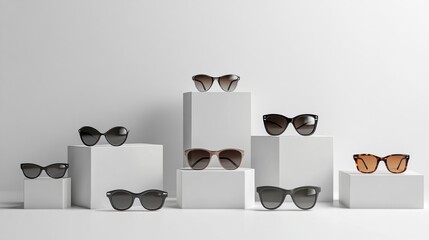 Sunglasses display, studio backdrop, various styles, e-commerce
