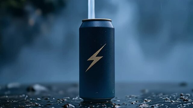 Energy drink can in the lights of lighting background on dark background