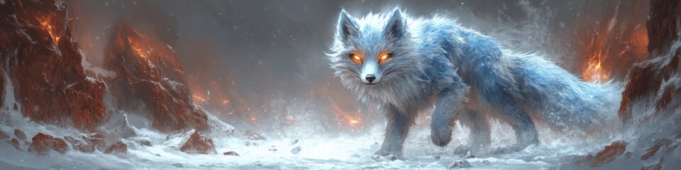 Obraz premium Majestic Arctic Fox with Glowing Eyes in Fiery Icy Landscape - Explore Surreal Fantasy Creatures and Enchanting Snowy Environments with Dramatic Contrasts