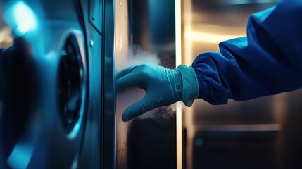Close-up of a gloved healthcare professional's hand disinfecting equipment