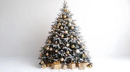 A beautifully adorned Christmas tree set against a white background in a studio shot, isolated for emphasis.