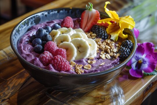 Vibrant tropical acai bowl with fresh fruits and granola topping