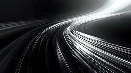Dynamic black and white light trails curving through darkness create futuristic motion effect, perfect for technology, innovation, and speed-themed designs and presentations.