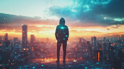 Fototapeta premium Hacker are planning to hack and attack networks and cyber security systems.Smart digital city with connection Innovation network reciprocity over the cityscape