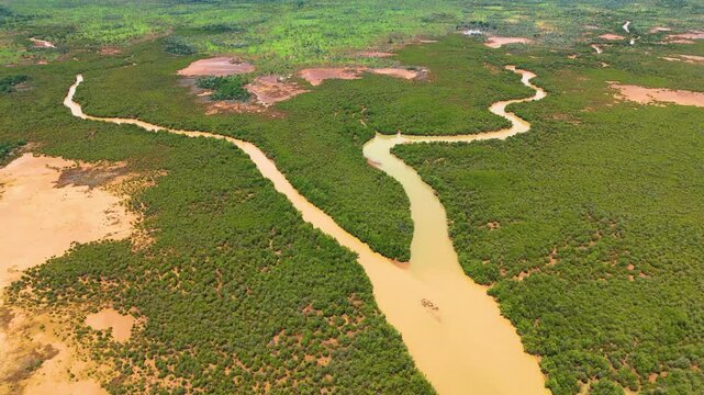 This is an aerial view of a mangrove forest with a river winding through it in Madagascar.