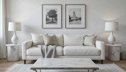 Modern minimalist living room interior design with white leather sofa, marble coffee table and side tables, and black and white artwork