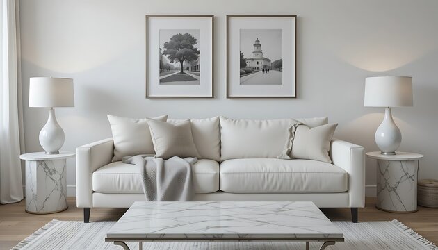 Modern minimalist living room interior design with white leather sofa, marble coffee table and side tables, and black and white artwork