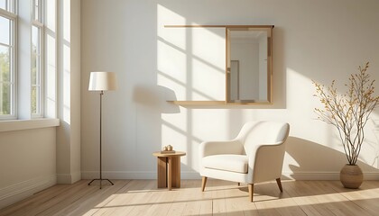 Sunlit minimalist living room interior design with a comfortable armchair, floor lamp, side table, and decorative plant.