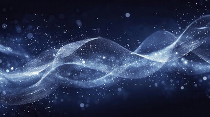 ethereal winter solstice celebration with shimmering silver snowflakes and aurora-like waves dancing against deep indigo backdrop, mystical atmospheric lighting, dreamy bokeh effects