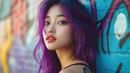 Fototapeta premium expressive portrait of asian woman with vibrant purple hair against colorful graffiti wall, dramatic side lighting and urban contemporary style
