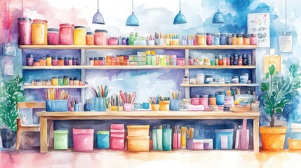 Vibrant art supplies displayed on shelves in a colorful workspace.