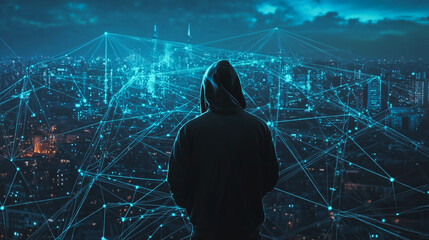 Obraz premium Hacker are planning to hack and attack networks and cyber security systems.Smart digital city with connection Innovation network reciprocity over the cityscape