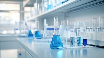Laboratory glassware filled with blue liquids on a clean workbench in a bright setting.