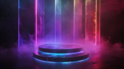 futuristic transparent crystal podium emanating rainbow light patterns, floating in a dark space with neon accents and ethereal mist, creating an otherworldly display platform
