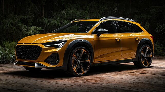 Bright yellow luxury crossover SUV parked on a wooden surface surrounded by trees in a forest setting during daylight