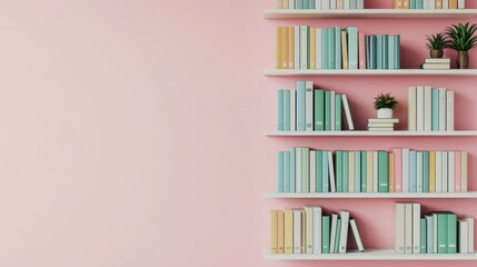 Bookshelves with colorful books and plants against a soft pink wall.