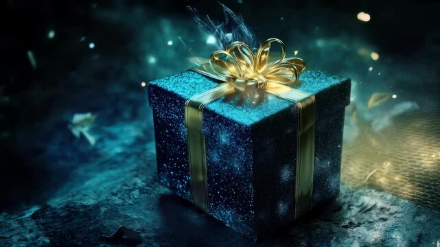 Glittering gift box with sparkling bow unwraps amidst mystical smoke and light effects