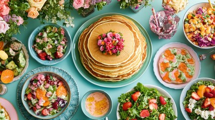 Vibrant table spread featuring pancakes and colorful salads with flowers for decoration.