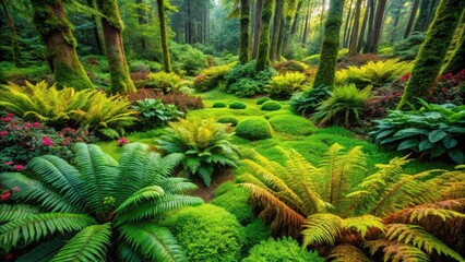 Fototapeta premium Lush Green Canopy of Ferns and Mossy Trees in a Serene Woodland Garden