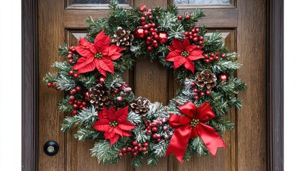 Festive Christmas Wreath with Red Poinsettia and Pine Cones on Wooden Door
