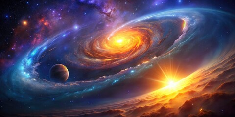 Through dark nebulae, a ship journeys past twin suns, a spiral galaxy's grandeur in the distance.