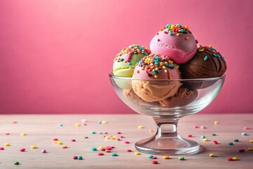 A delightful assortment of colorful ice cream scoops, generously adorned with vibrant sprinkles, rests elegantly in a clear glass bowl, creating a visually appealing and appetizing scene.